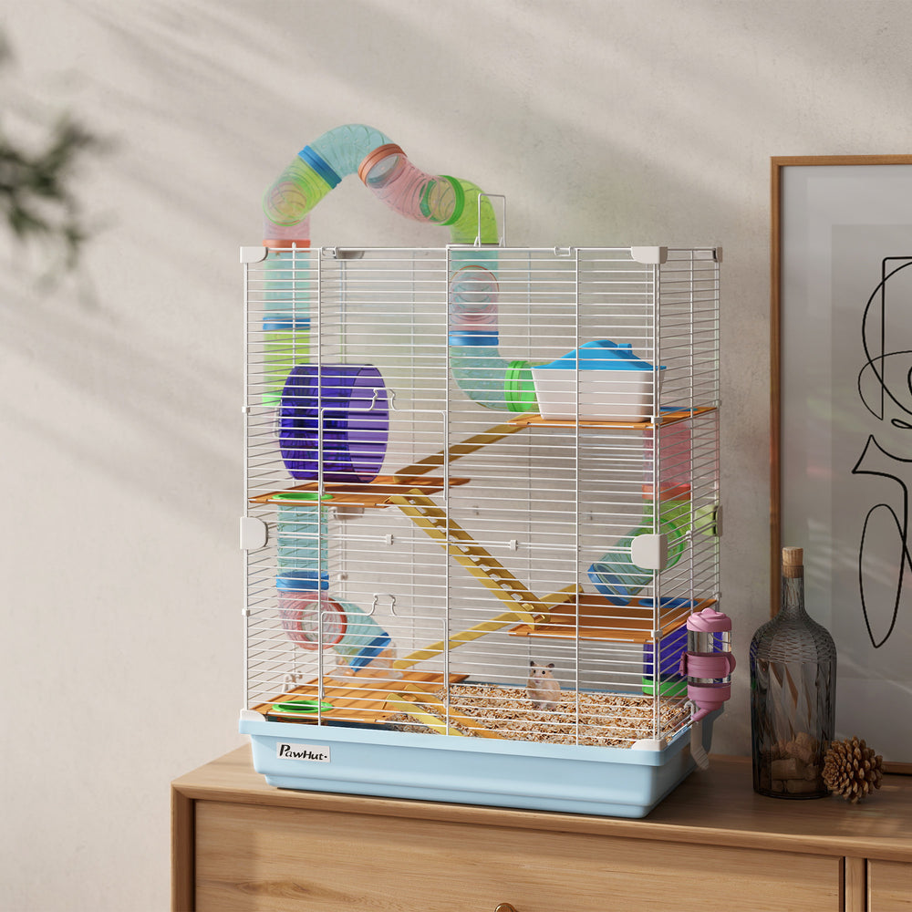 Cage pour hamster portable 5 niveaux avec roues d'exercice, tube de jeu, bouteille d'eau, gamelle, échelle pour gerbilles, bleu clair