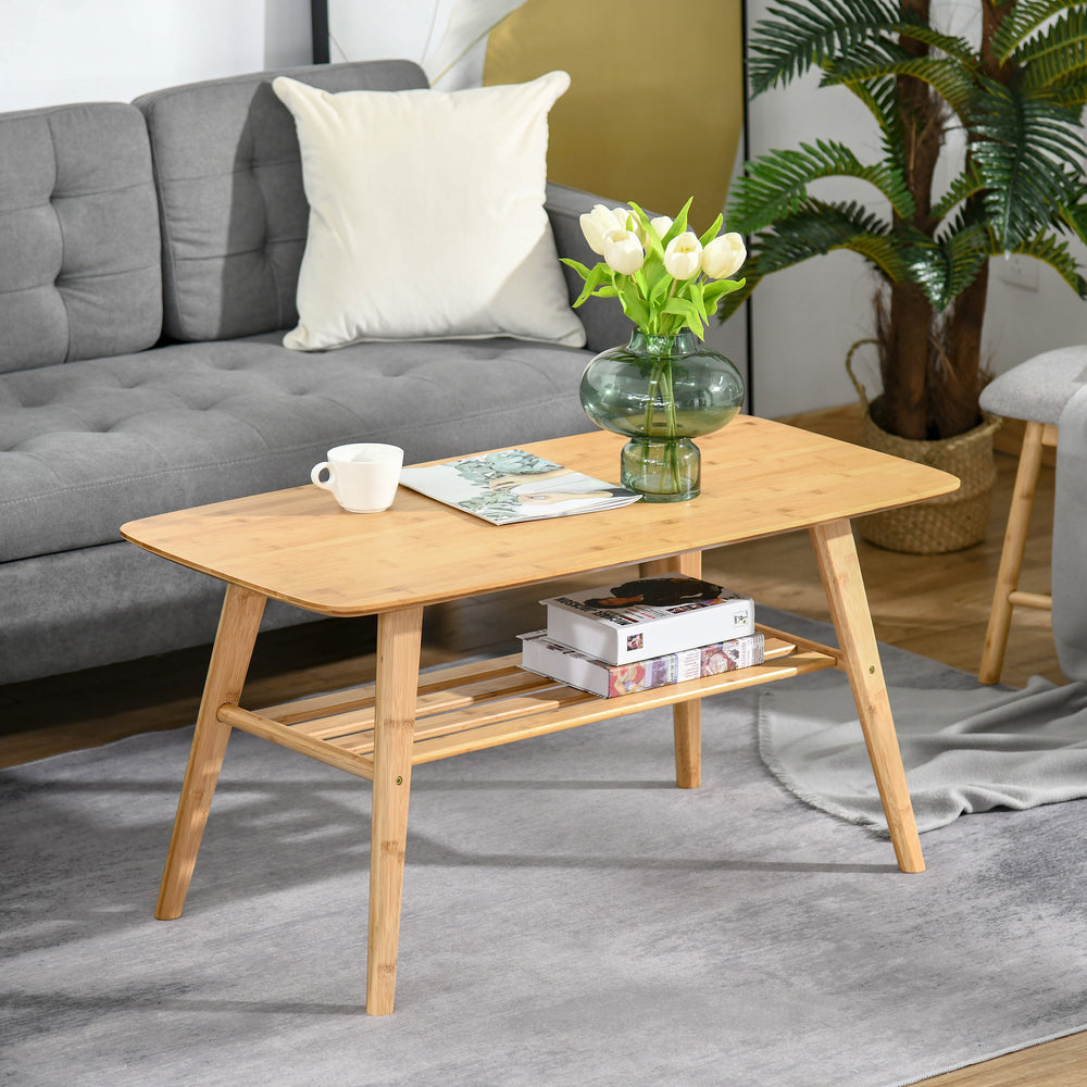 Table basse à 2 niveaux en bambou avec étagère de rangement