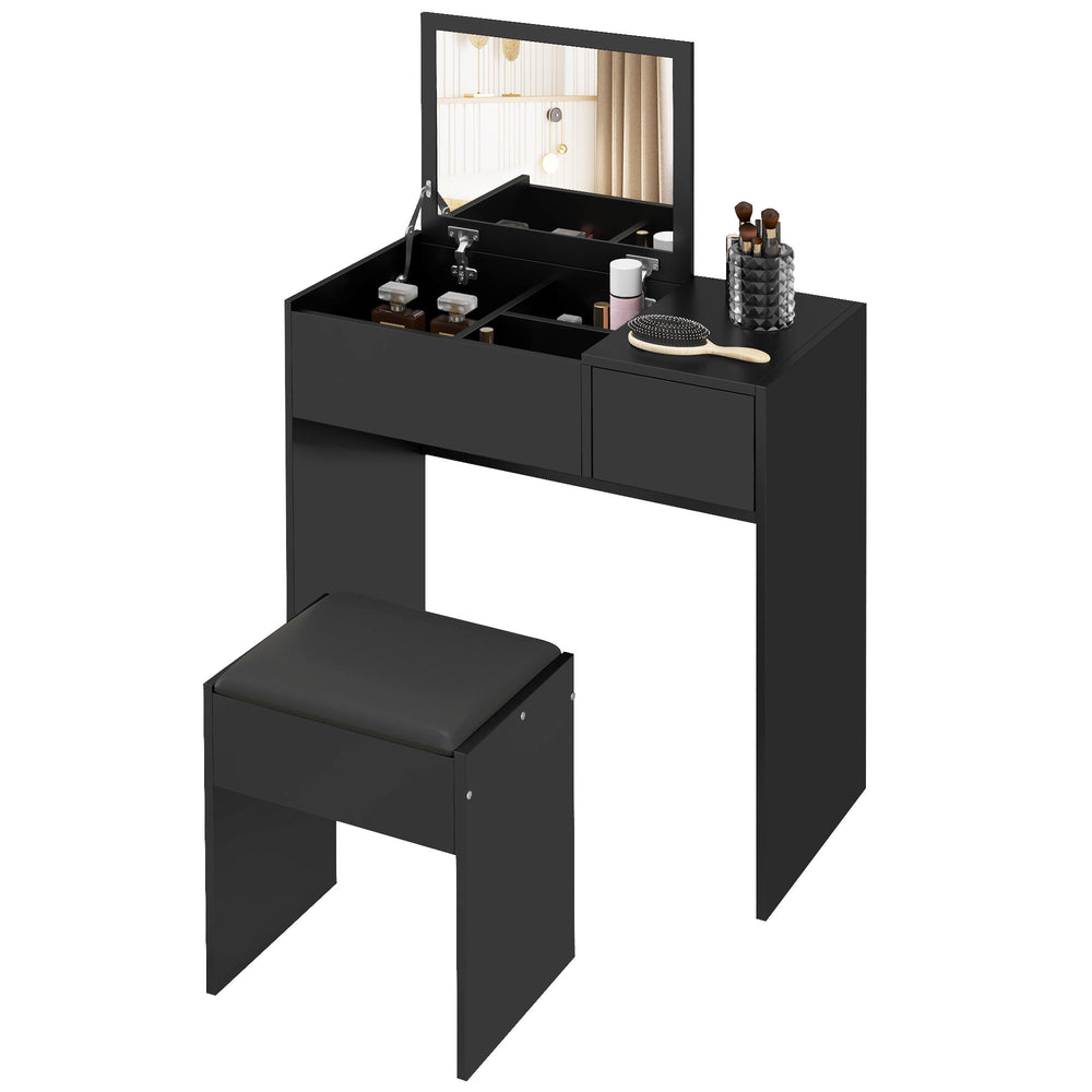 Coiffeuse moderne avec miroir rabattable et tabouret rembourré, noir