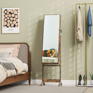 Armoire à bijoux verrouillable avec miroir pleine longueur et rangement pour bijoux, marron rustique