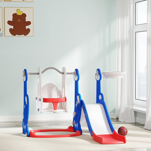 4-in-1 Slide and Swing Set with Basketball Hoop and Climber, for Boys and Girls Ages 1.5-4, Rocket Theme, Dark Blue