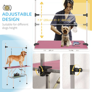 Adjustable Dog Grooming Table with 2 Safety Straps and Storage Basket, Pink