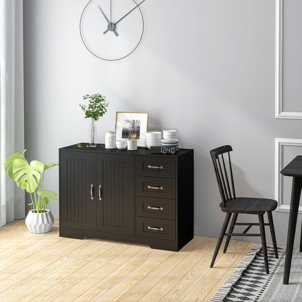 Buffet moderne avec 4 tiroirs et 2 portes à panneaux, noir