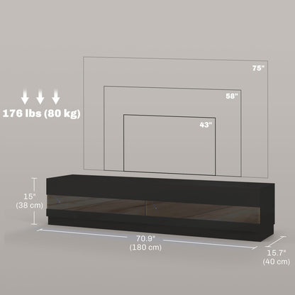 Meuble TV éclairé pour téléviseurs jusqu'à 75 pouces, noir brillant