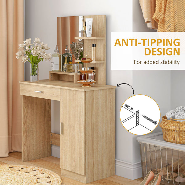 Coiffeuse avec miroir, tiroir et compartiment ouvert, bois naturel