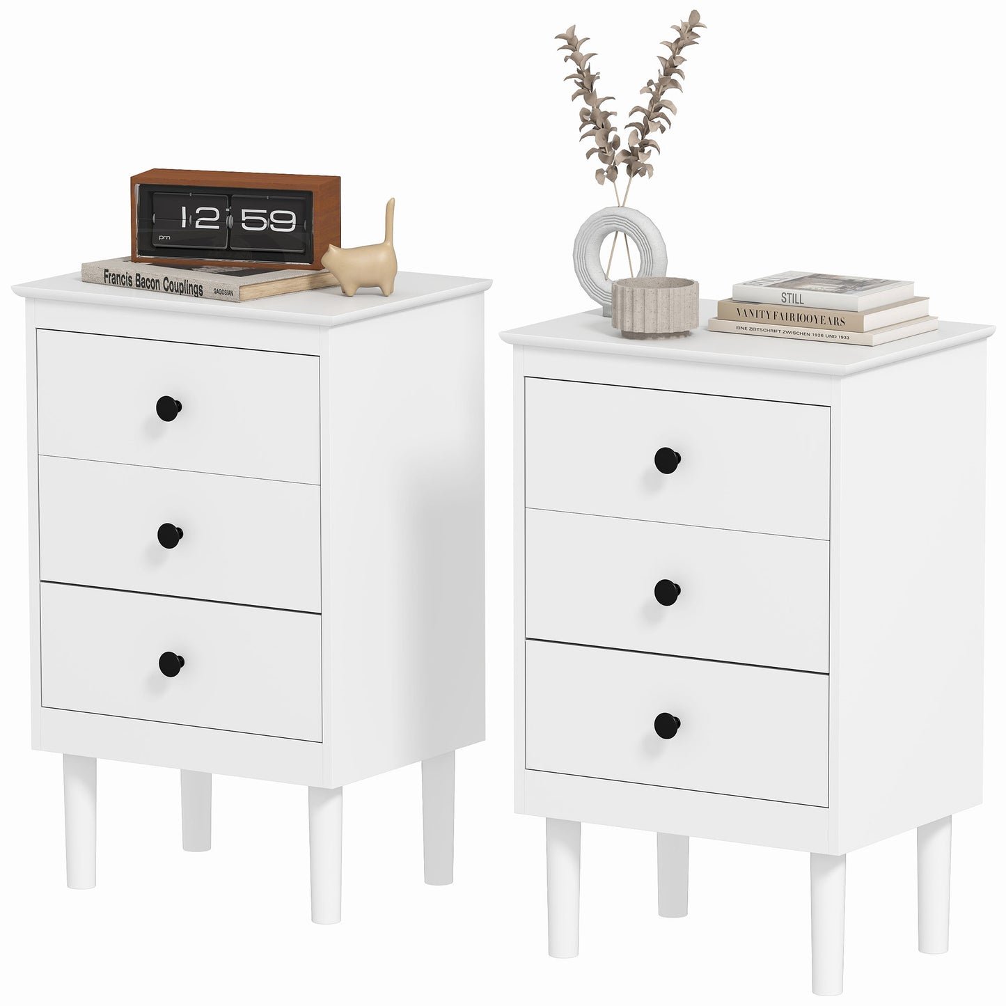 Ensemble de deux tables de chevet modernes à trois tiroirs, blanc