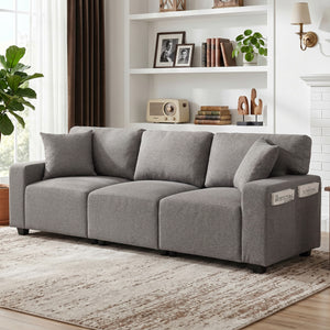 Canapé 3 places avec poches de rangement, moderne rembourré avec ressorts ensachés, gris