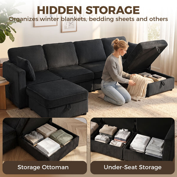 Canapé en velours côtelé en forme de U avec pouf de rangement double, rangement sous l'assise, 4 coussins, gris foncé