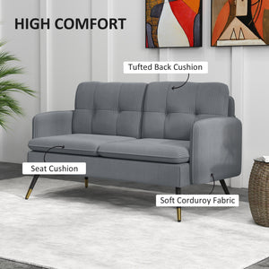 Two-seater corduroy sofa with springs, steel legs and tufting, dark gray