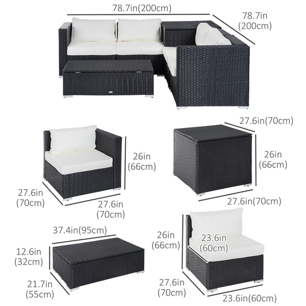 Ensemble de mobilier 6 pièces avec canapé d'angle en rotin, table de rangement et table basse, beige