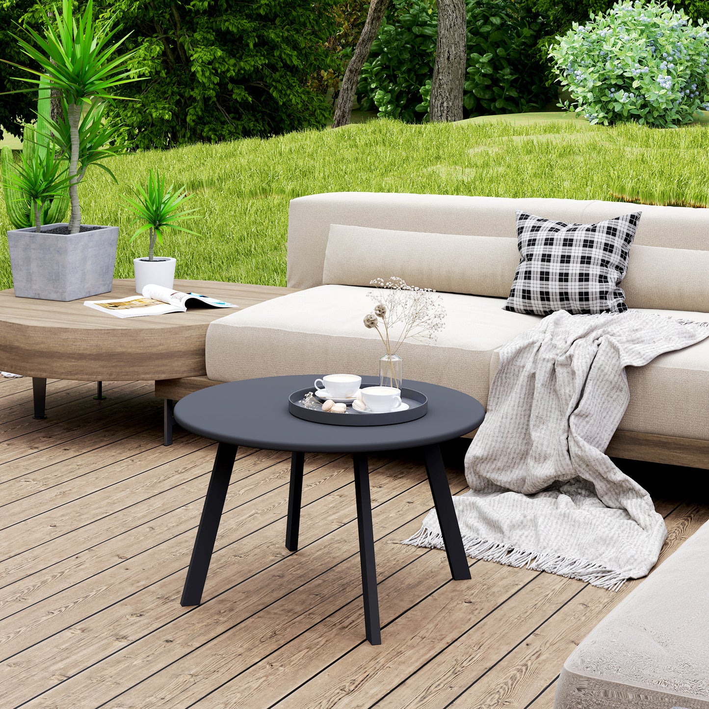 Outsunny Outdoor Round Side Table, Patio Coffee Table with Metal Frame and Non-Slip Feet, Black
