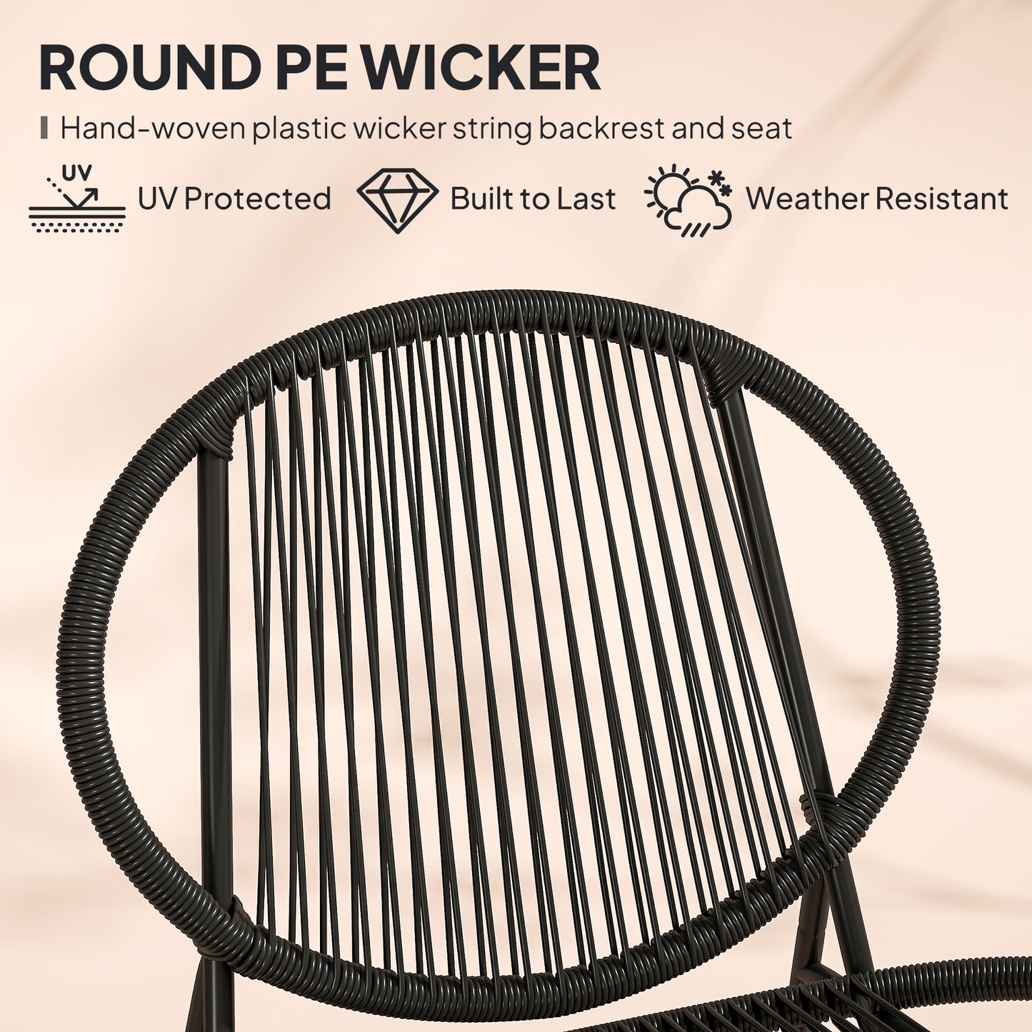 Ensemble bistrot Outsunny en rotin, ensemble de 3 meubles de jardin en osier, chaises Acapulco et table en acier pour porche et balcon, noir