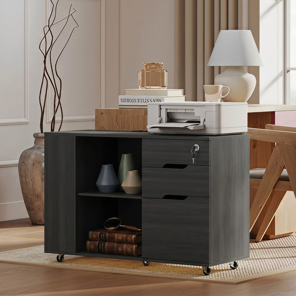 Filing Cabinet with Power Outlets Lockable Casters File Drawer Side Cubbies Black Wood Grain