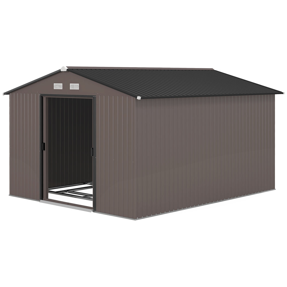 Abri de jardin 9' x 10,6' avec ensemble de fondation, en métal avec portes doubles, marron