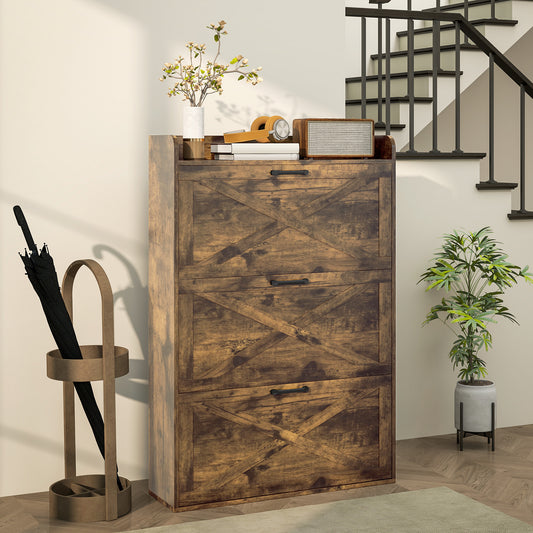 Meuble de rangement à chaussures étroit HOMCOM, style ferme, avec 3 tiroirs rabattables et étagères réglables, pour entrée, marron rustique