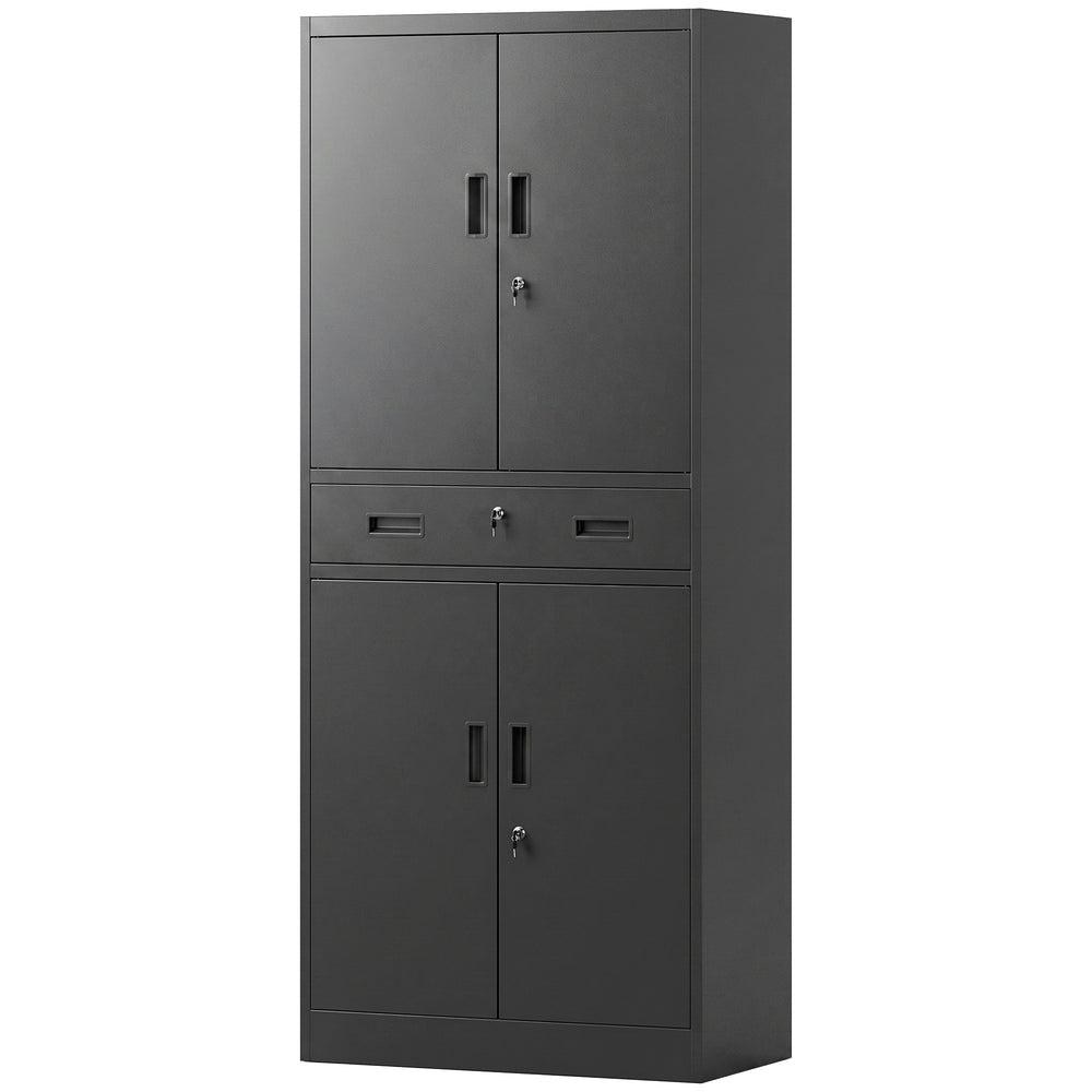 Lockable steel storage cabinet with drawer and adjustable shelves, black