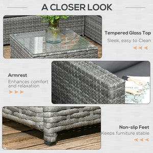 3-piece woven rattan garden furniture set with loveseat, coffee table and cushions, grey