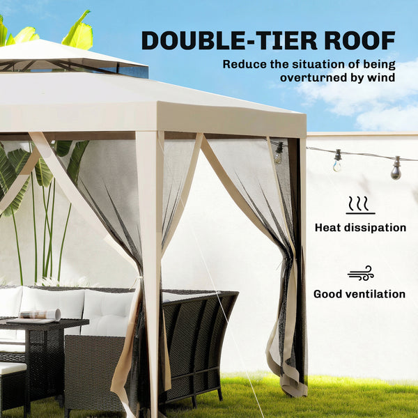 10' x 10' Canopy Tent, Party Tent with Mesh Netting and Double Tier Roof for Backyard, Garden, Patio, Outdoor, Beige