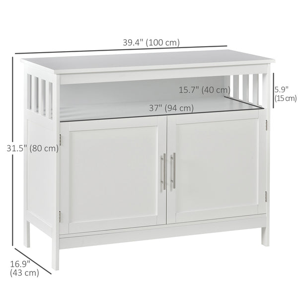 Console en bois avec étagère ouverte et placard à 2 niveaux, blanc