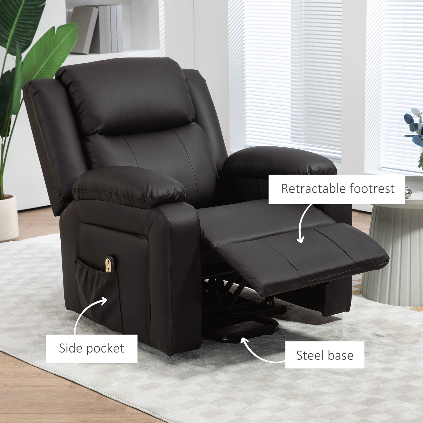Fauteuil releveur électrique en cuir synthétique avec télécommande, poches latérales, montage rapide, marron