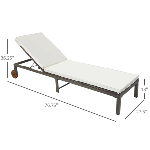 Rattan chaise lounge with 4-position adjustable backrest and casters, cream white