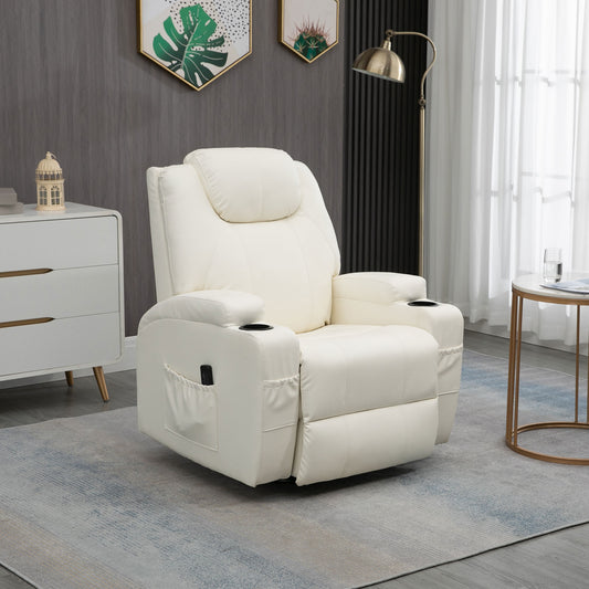 Fauteuil massant inclinable à bascule pivotantavec, 8 points de vibration, cuir synthétique, blanc crème
