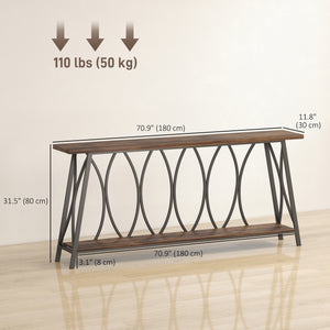 Industrial style two-tier console table with metal frame, rustic brown color.