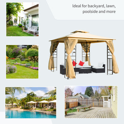 10'x10' Soft Steel Gazebo with Two-Tier Polyester Roof and Curtain Sidewalls, Beige 