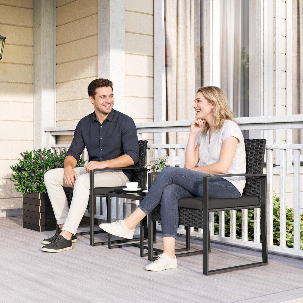 Outdoor Bistro Set, 3 Piece Wicker Patio Furniture Set with Glass Top Table and Cushions for Porch, Balcony, Black