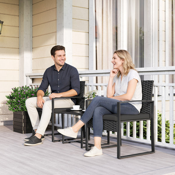 Outdoor Bistro Set, 3 Piece Wicker Patio Furniture Set with Glass Top Table and Cushions for Porch, Balcony, Black