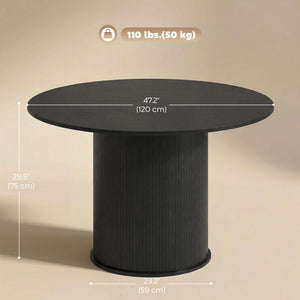 Table de salle à manger ronde pour 5 personnes avec pied central cannelé, noire.