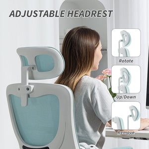 High-back mesh office chair with swivel headrest, light blue