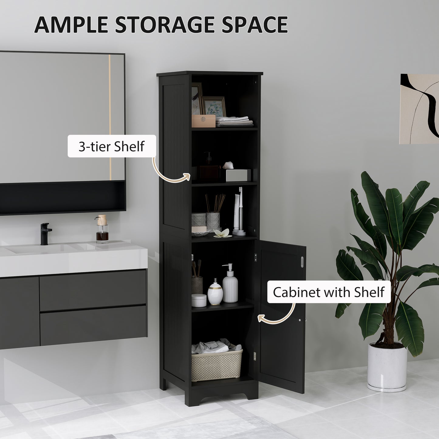 Armoire de rangement haute de salle de bain avec étagère réglable, 3 étagères ouvertes, noire