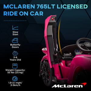 McLaren 765LT 12 V, sous licence, avec portes en ciseaux, roues de transport, télécommande, démarrage lent et klaxon musical, rose