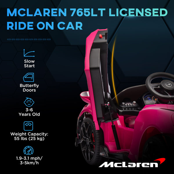 McLaren 765LT 12 V, sous licence, avec portes en ciseaux, roues de transport, télécommande, démarrage lent et klaxon musical, rose