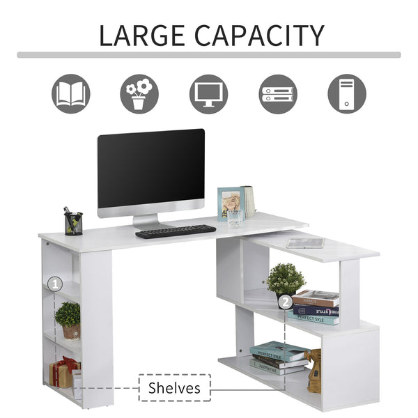 Bureau d'angle 47" en forme de L, pivotant à 360°, réversible, avec étagère de rangement, blanc