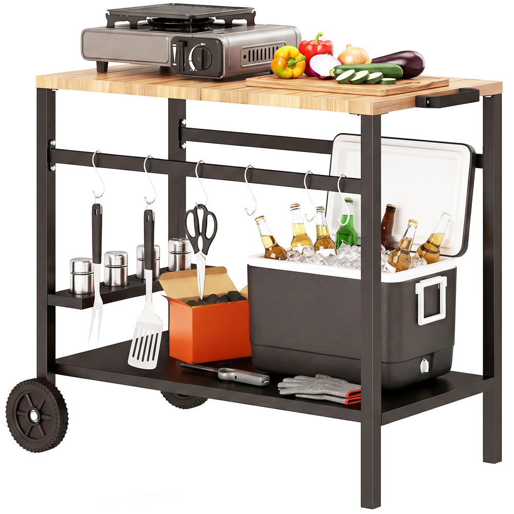 Chariot de barbecue d'extérieur à 2 niveaux, support pour barbecue avec porte-boissons, crochets et roues, noir et marron