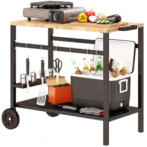 2-Tier Outdoor BBQ Cart, Grill Stand with Drink Holder, Hooks, and Wheels, Black and Brown