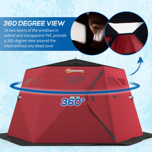 Insulated ice fishing shelter for 4 people, foldable with carry bag and two doors for temperatures down to -30°C, red