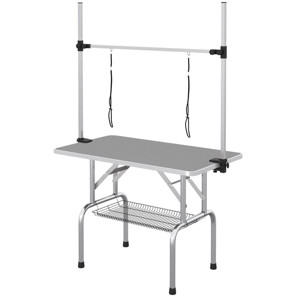 Adjustable Pet Grooming Table with 2 Safety Straps and Storage Basket, Gray