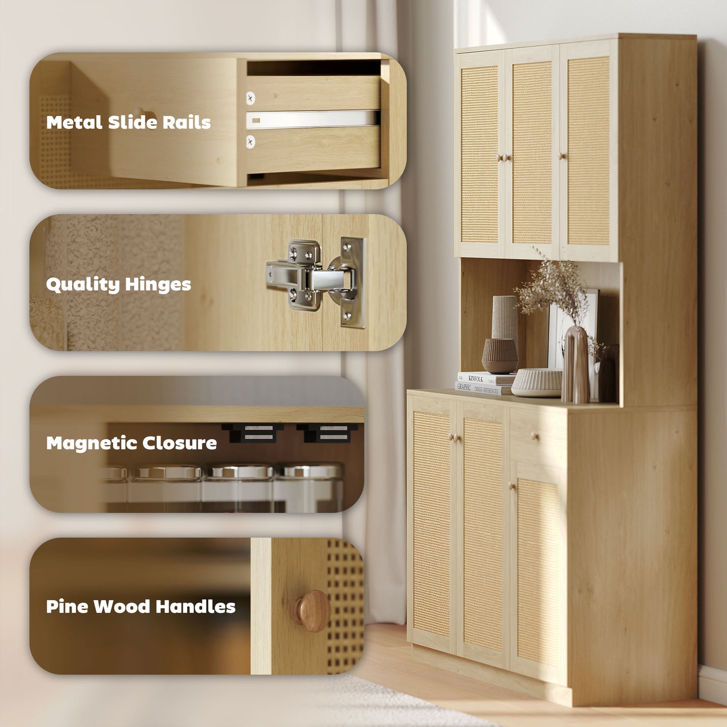 Bohemian style kitchen sideboard with microwave worktop, with decorative rattan doors, natural color