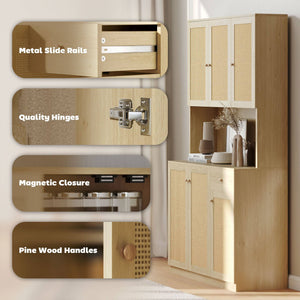 Buffet de cuisine avec plan de travail pour micro-ondes style bohème, avec portes décoratives en rotin, couleur naturelle