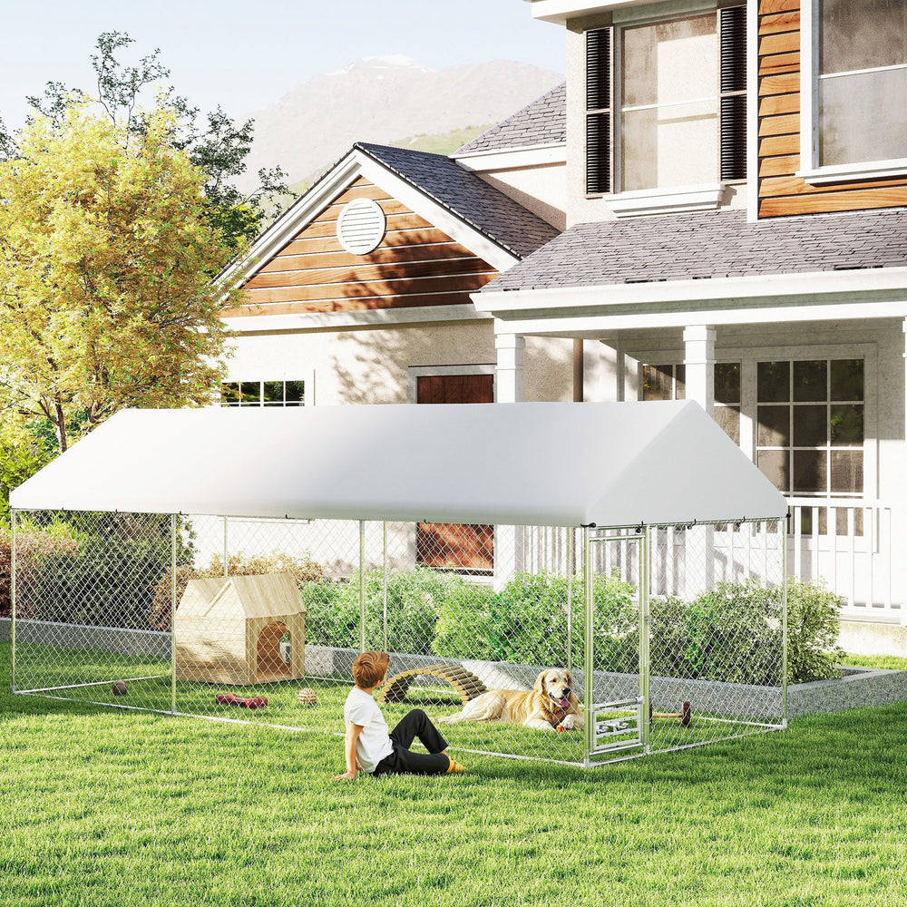 Outdoor Dog Run with Adjustable & Rotatable Bowls, Waterproof UV-Resistant Cover, Escape-Proof Lock, 19.7' x 7.5' x 7.5'