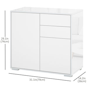 High gloss lacquered sideboard with 2 drawers, 2 doors and an adjustable shelf, push-to-open, white