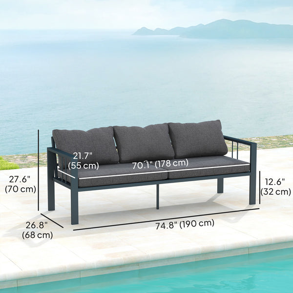 Canapé d'extérieur 3 places en aluminium avec coussins, assise large et accoudoirs, gris foncé