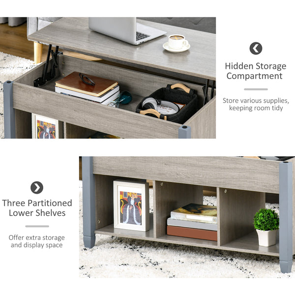 Table basse relevable avec compartiment dissimulé et 3 étagères inférieures gris