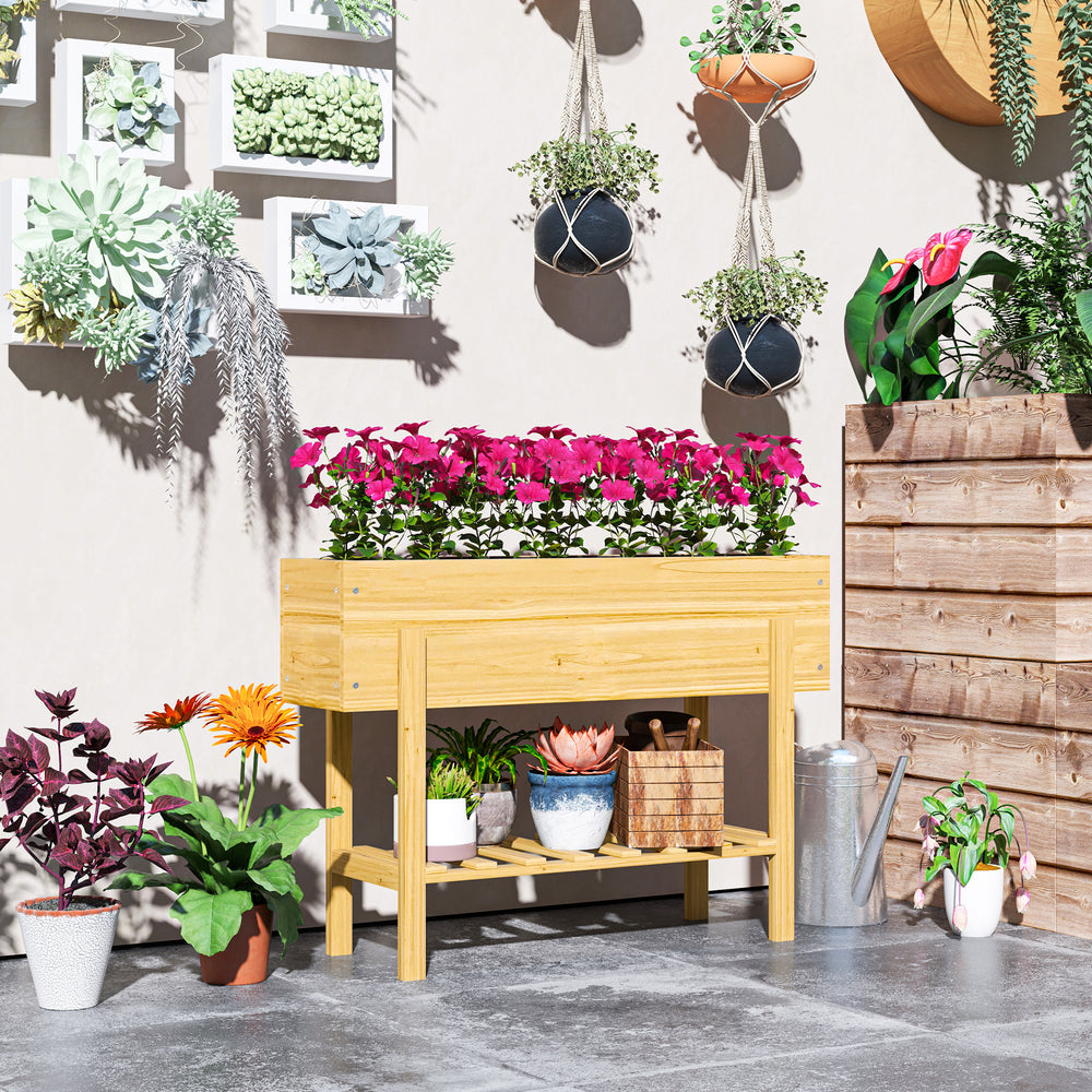Jardinière surélevée avec étagère de rangement, revêtement de jardin pour terrasse, bois naturel