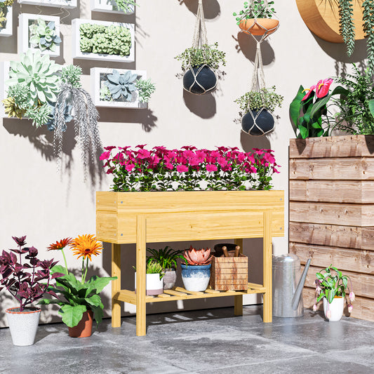 Outsunny Raised Bed with Legs, Raised Planter with Storage Shelf, Garden Deck Covering, Natural Wood