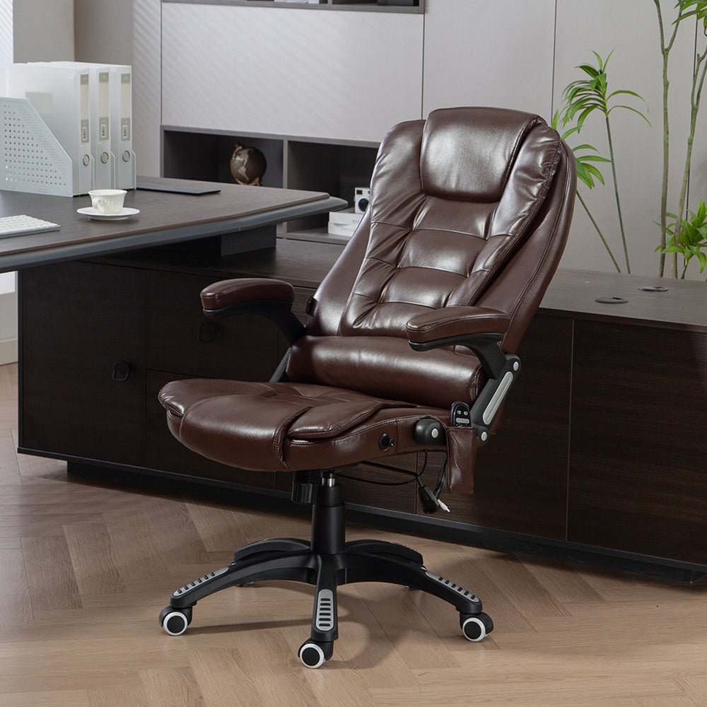 Fauteuil de bureau inclinable et massant avec dossier haut et roulettes pivotantes, marron foncé