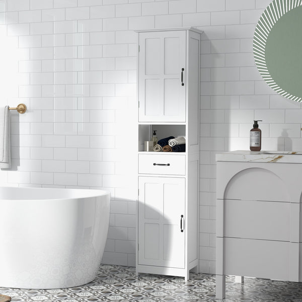 Meuble de salle de bain moderne étroit avec tiroir à étagère ouverte, portes encastrées et étagères réglables, blanc